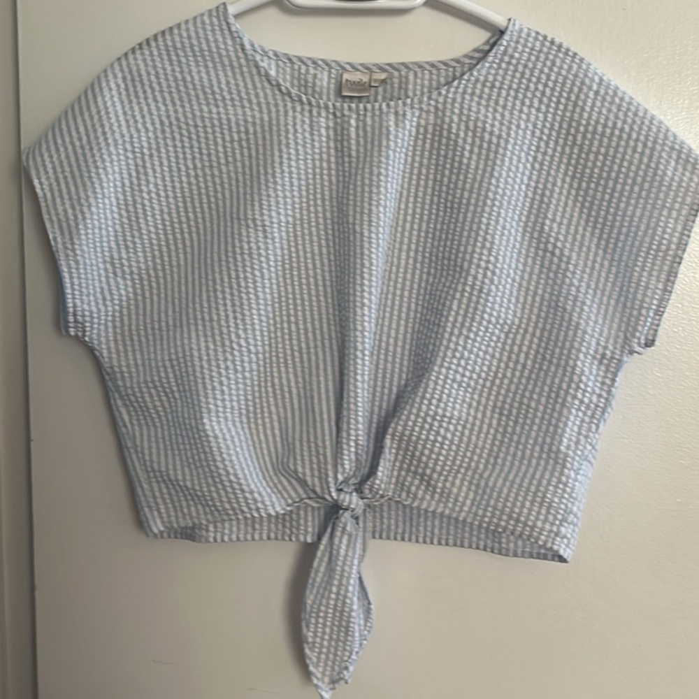 Simons twik seersucker oversized cropped shirt with tie size XS